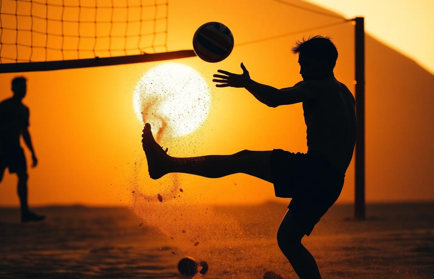 Silhueta de chapa em quadra de areia ao pôr do sol