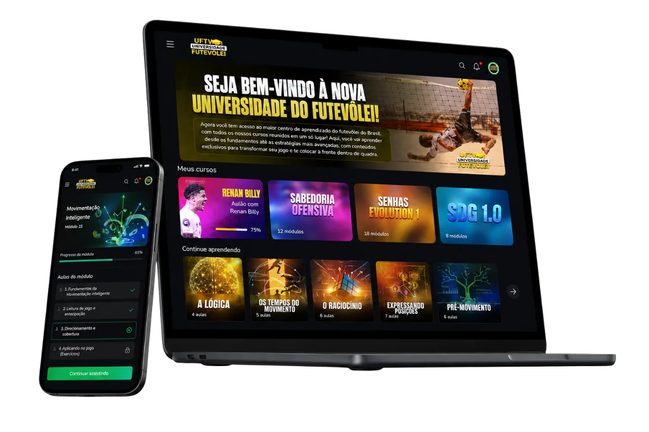 Área de membros UFTV com cursos, módulos e aulas no laptop e no celular